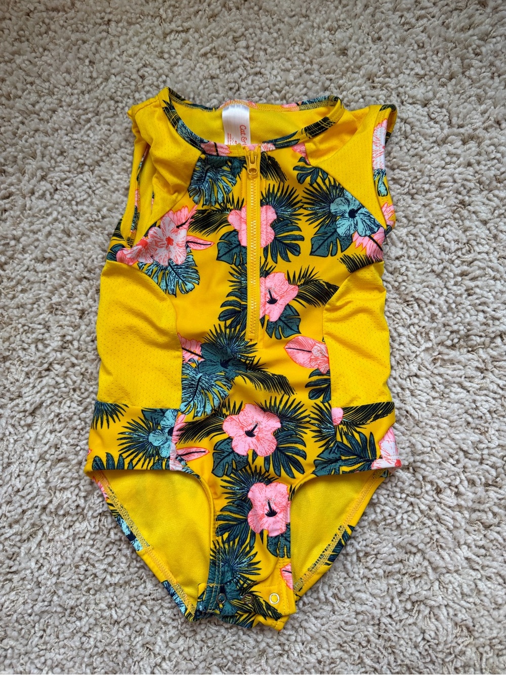 Cat & Jack Yellow Tropical Floral Zip-Front Girls Swimsuit 4t - bathing suit